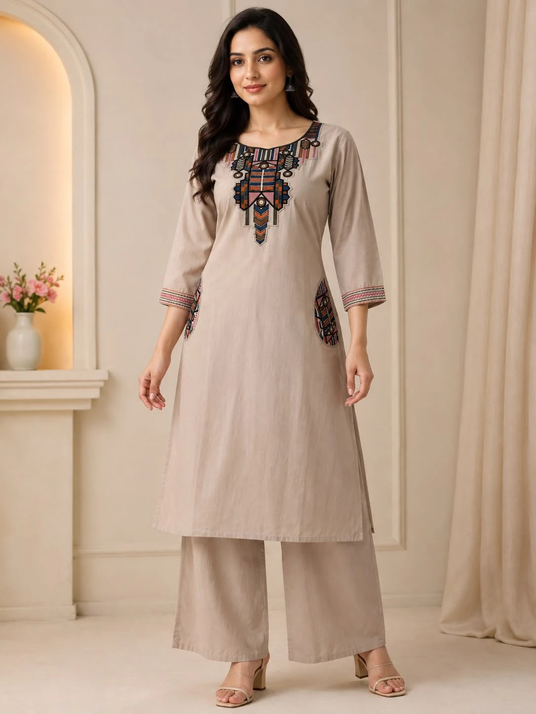 Beige  Patchwork Embroidered Co-ord Set with Palazzo