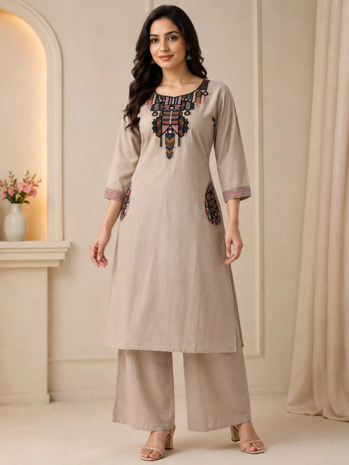 Beige  Patchwork Embroidered Co-ord Set with Palazzo