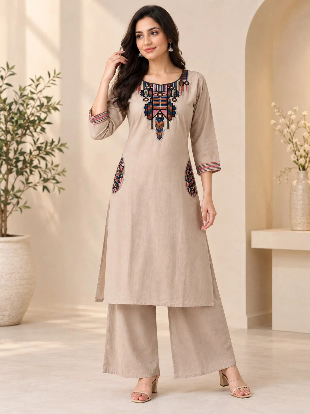 Beige  Patchwork Embroidered Co-ord Set with Palazzo