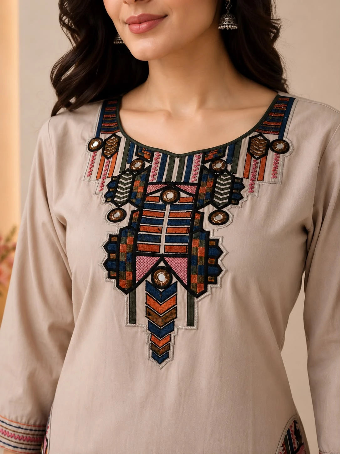Beige  Patchwork Embroidered Co-ord Set with Palazzo