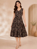 Black & Beige Cotton Floral-Printed V-Neck One-Piece Dress