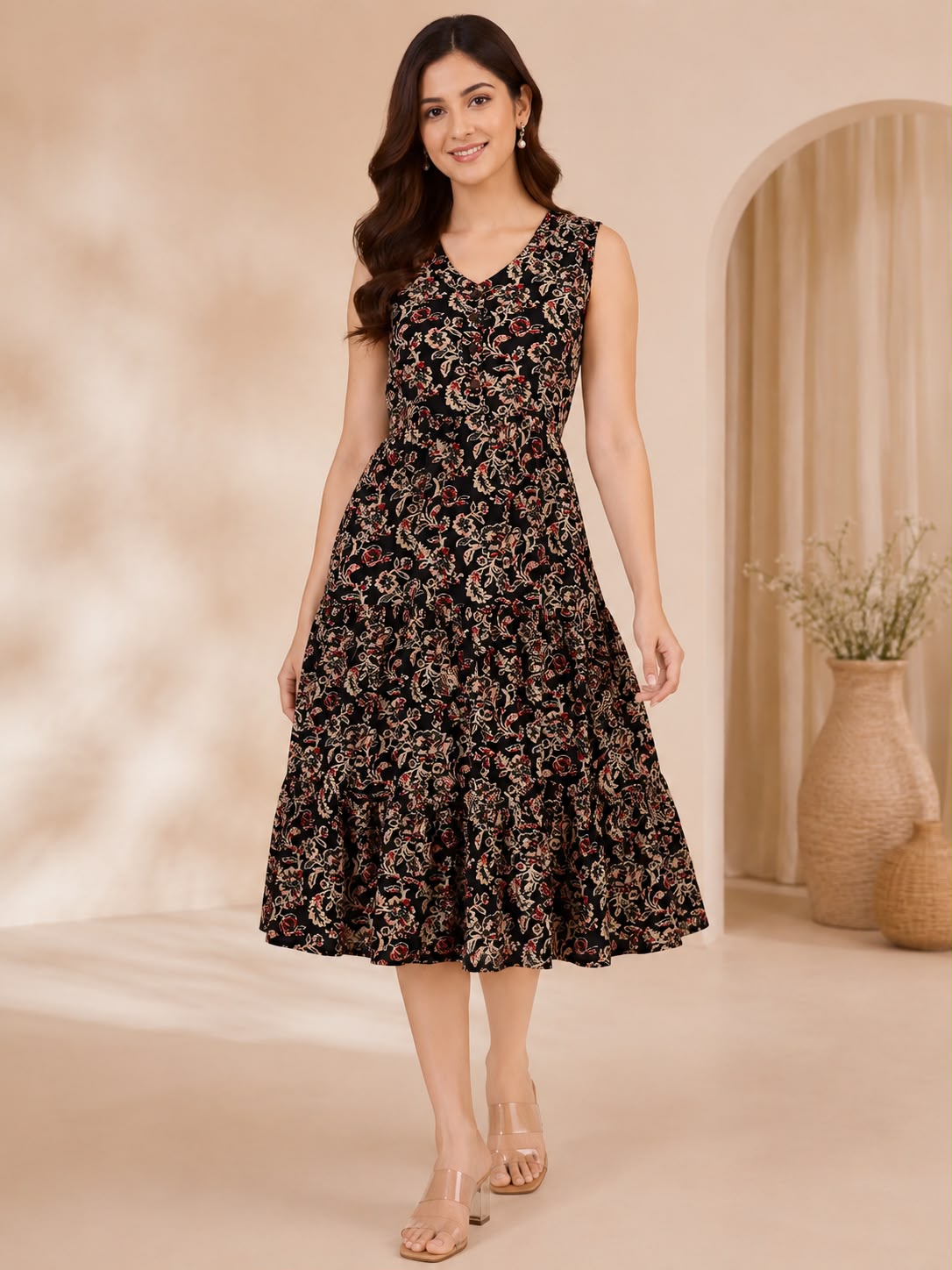 Black & Beige Cotton Floral-Printed V-Neck One-Piece Dress