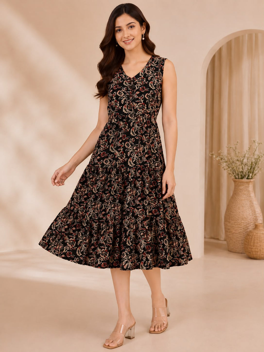 Black & Beige Cotton Floral-Printed V-Neck One-Piece Dress