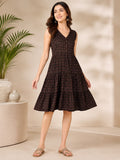 Black & Brown Cotton Printed V-Neck One-Piece Dress