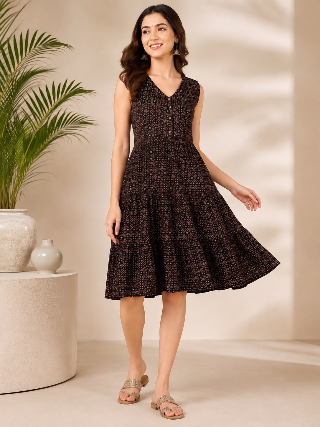 Black & Brown Cotton Printed V-Neck One-Piece Dress
