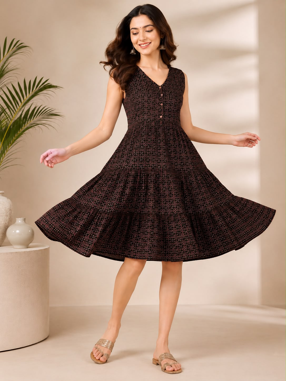 Black & Brown Cotton Printed V-Neck One-Piece Dress