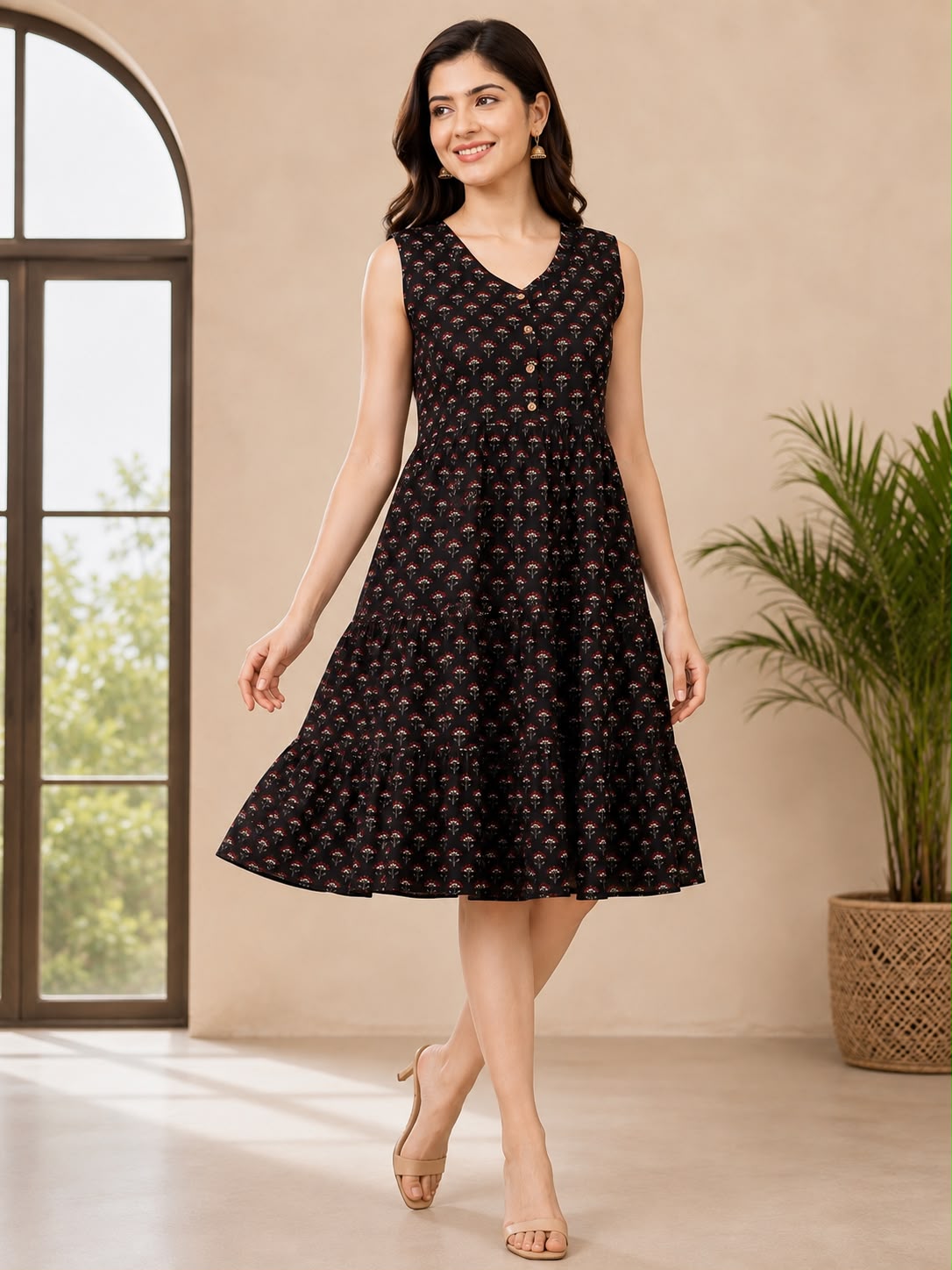Black & Red Cotton Printed V-Neck One-Piece Dress