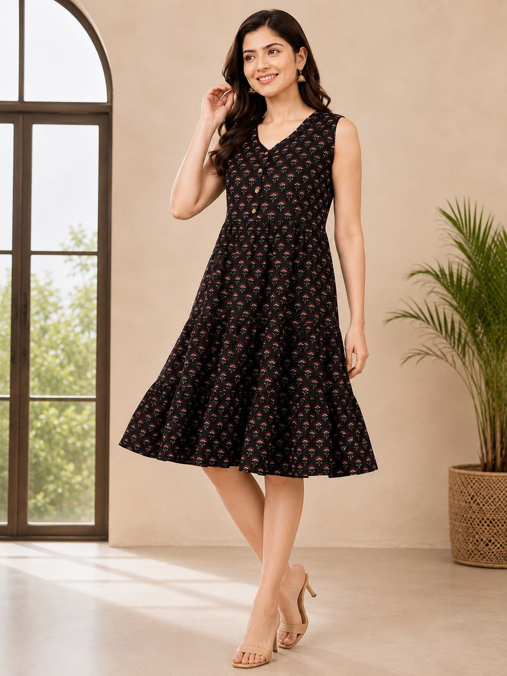 Black & Red Cotton Printed V-Neck One-Piece Dress