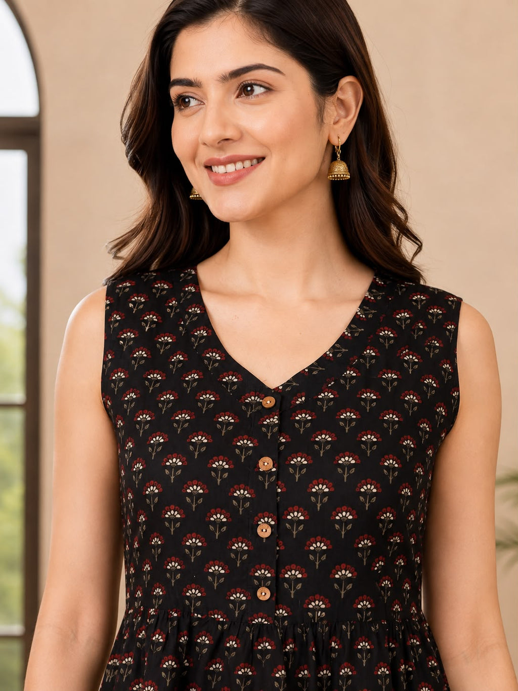 Black & Red Cotton Printed V-Neck One-Piece Dress