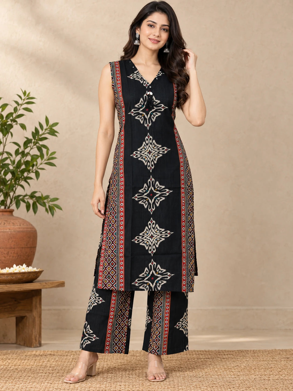 Black Ikkat Print V-Neck Kurta & Palazzo Co-ord Set