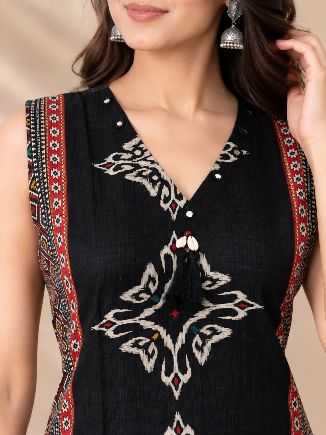 Black Ikkat Print V-Neck Kurta & Palazzo Co-ord Set