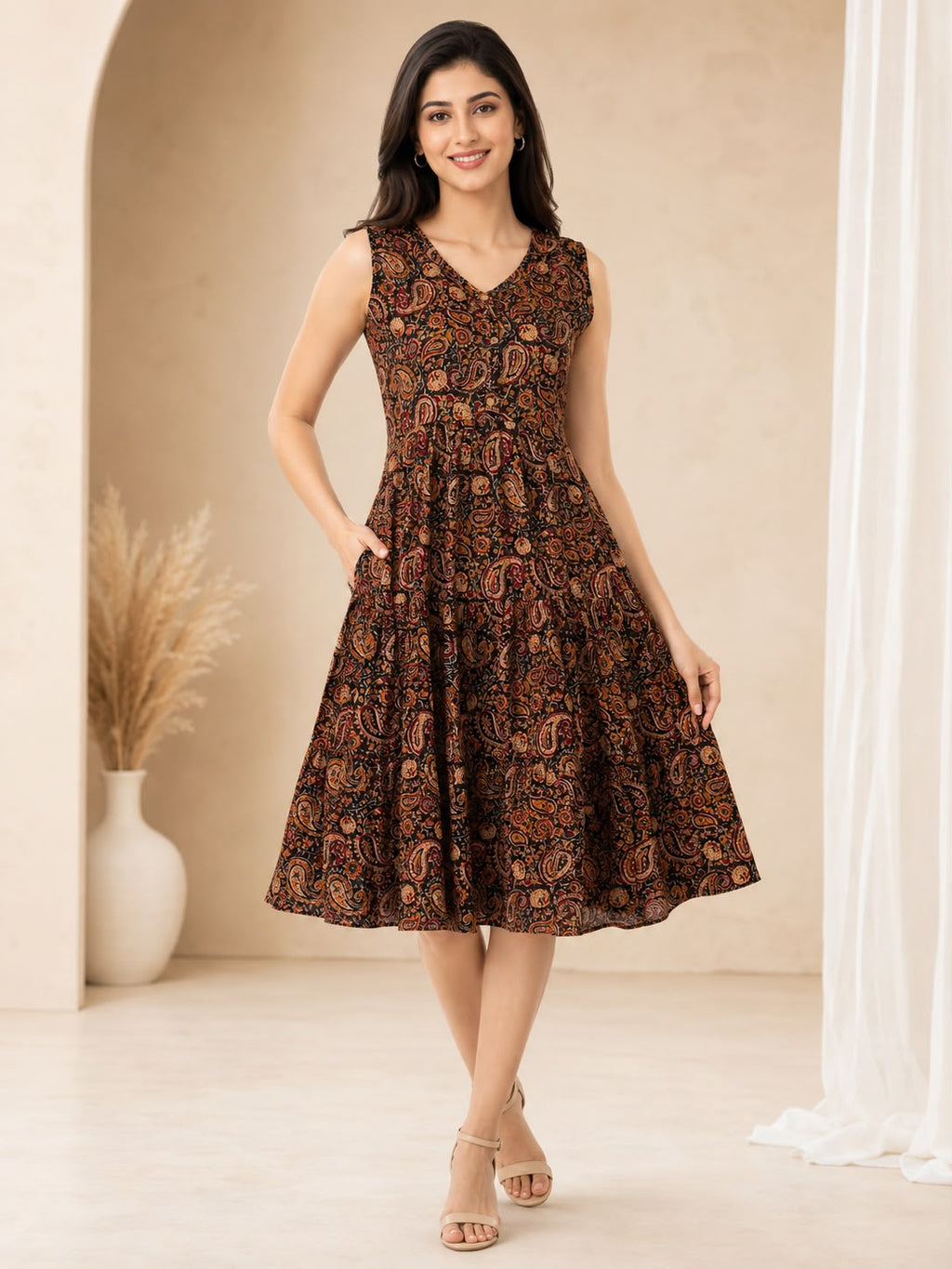 Brown Cotton Kalamkari-Printed V-Neck One-Piece Dress