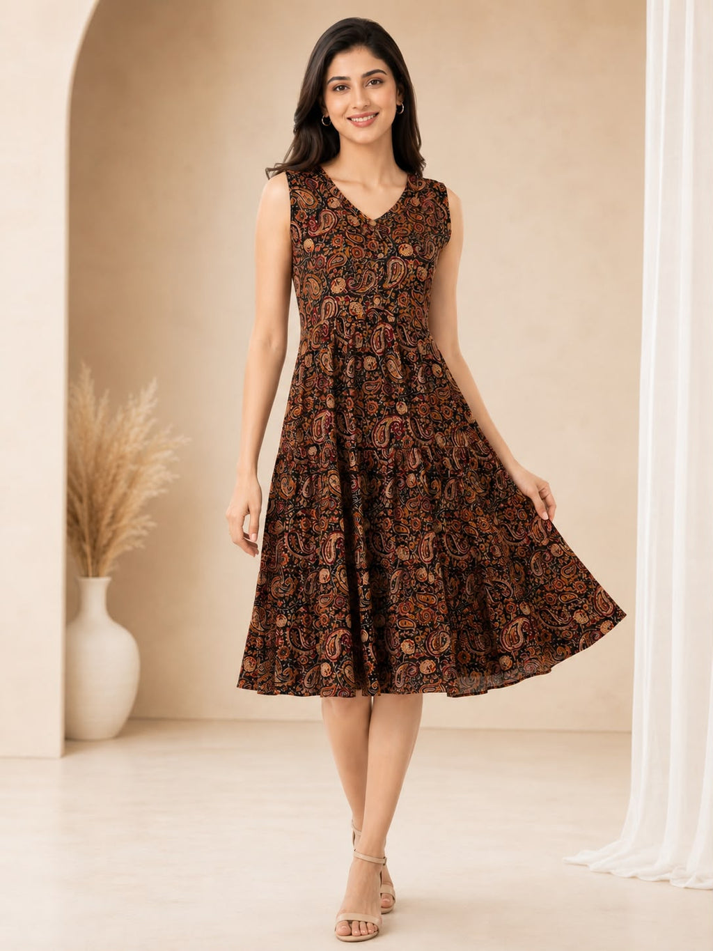 Brown Cotton Kalamkari-Printed V-Neck One-Piece Dress
