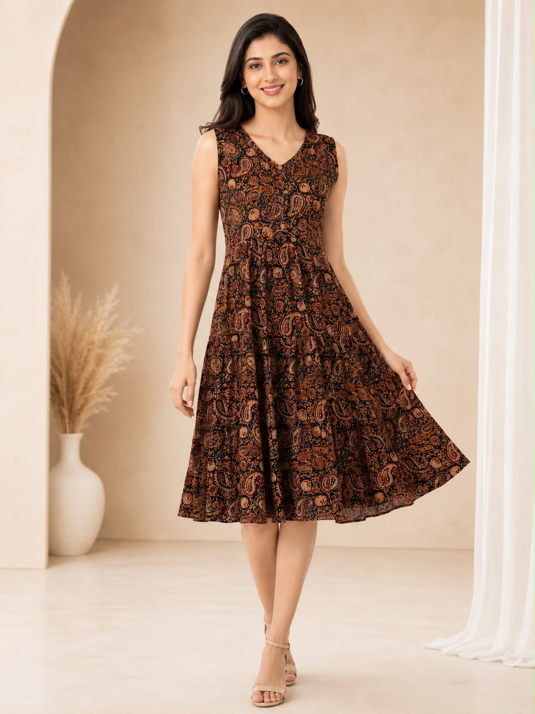 Brown Cotton Kalamkari-Printed V-Neck One-Piece Dress