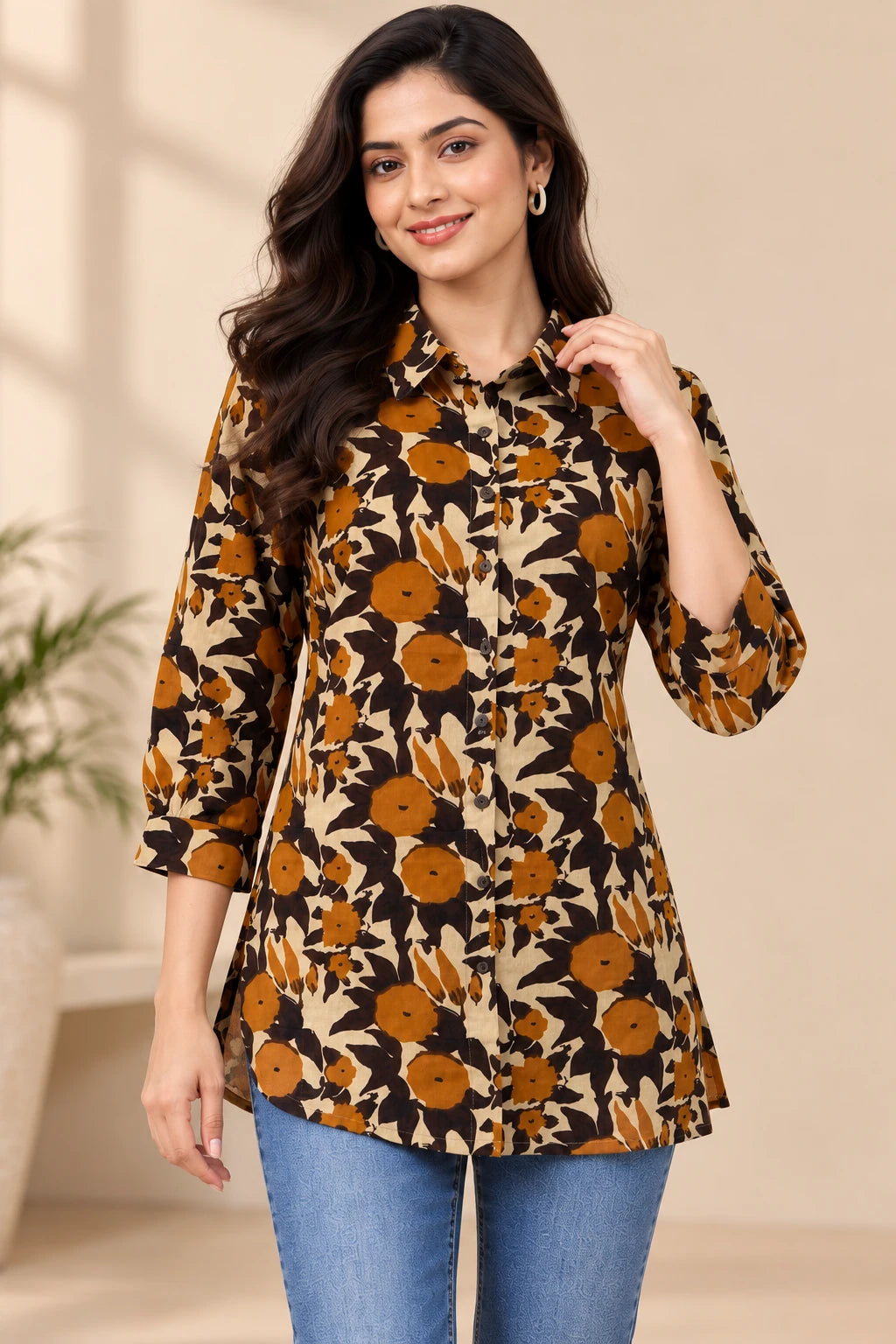 Brown & Coffee Floral Printed Khadi Cotton Shirt