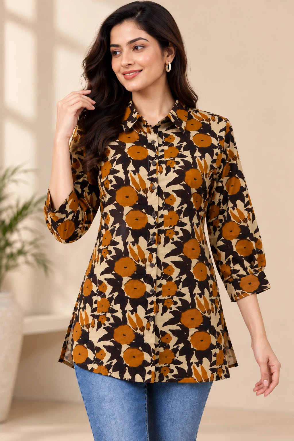 Brown & Coffee Floral Printed Khadi Cotton Shirt