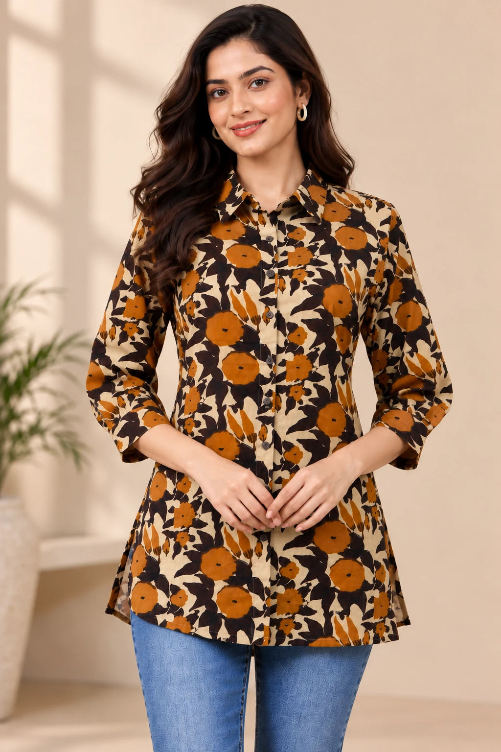 Brown & Coffee Floral Printed Khadi Cotton Shirt
