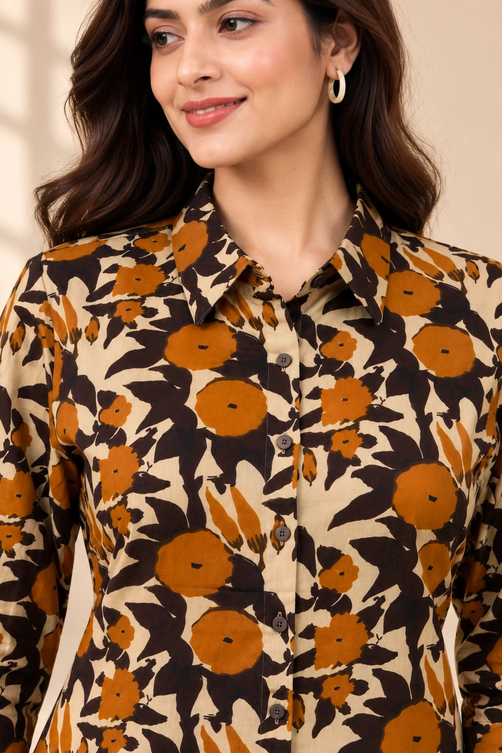 Brown & Coffee Floral Printed Khadi Cotton Shirt