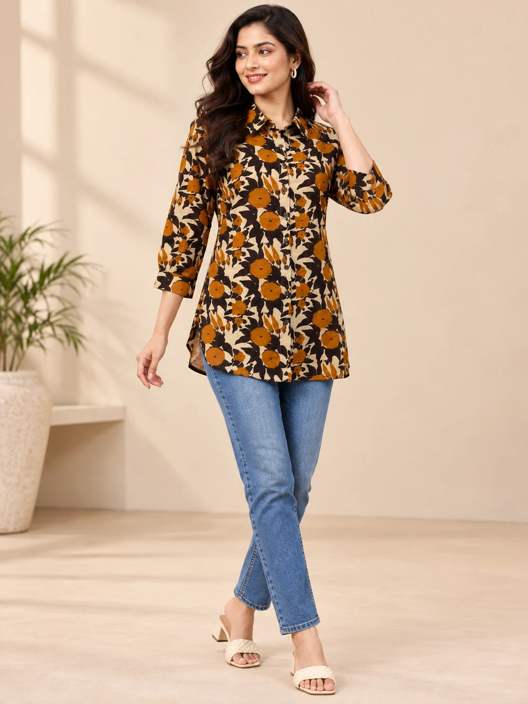 Brown & Coffee Floral Printed Khadi Cotton Shirt