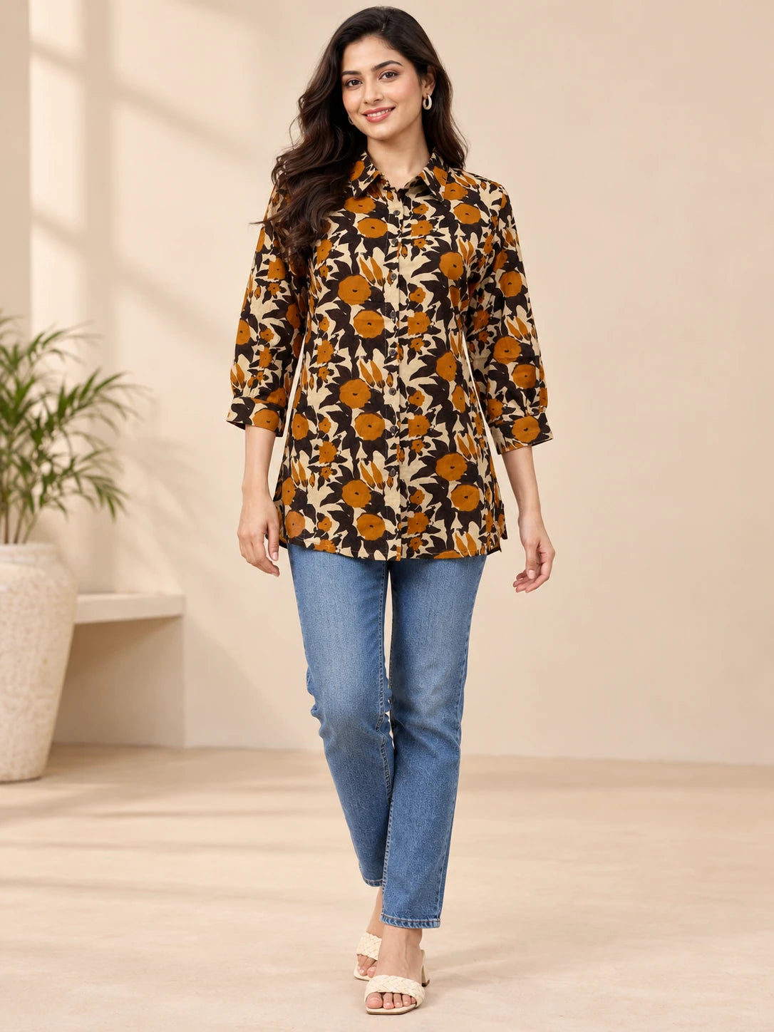 Brown & Coffee Floral Printed Khadi Cotton Shirt