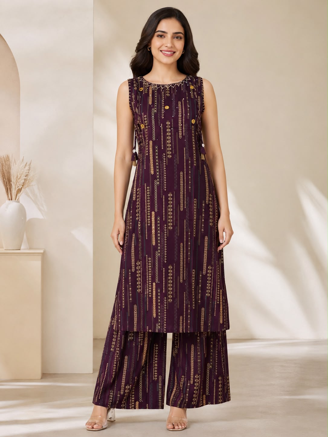 Brown &  Gold Printed Rayon Co-ord Set