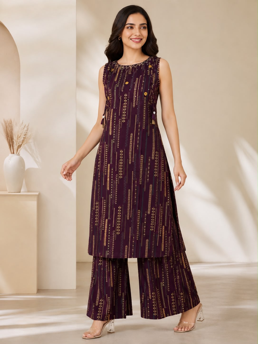 Brown &  Gold Printed Rayon Co-ord Set