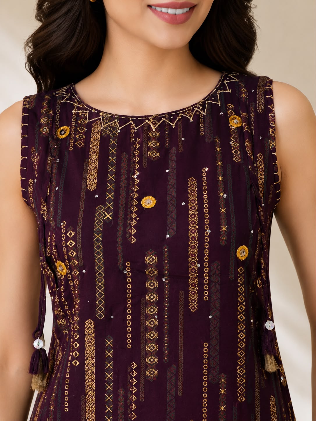 Brown &  Gold Printed Rayon Co-ord Set