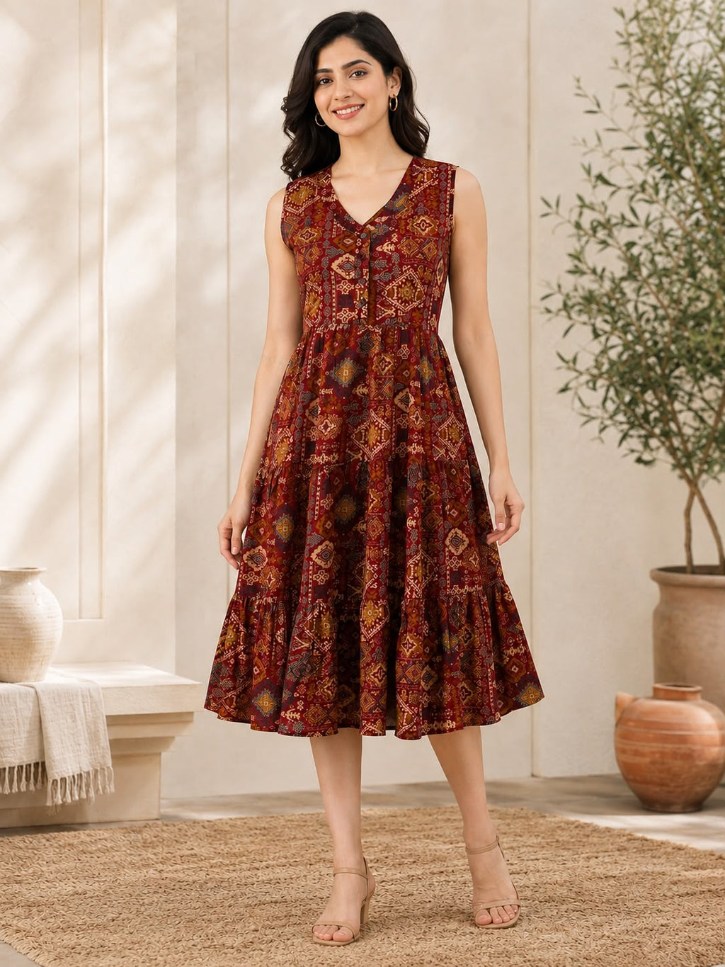 Brown Cotton Printed V-Neck One-Piece Dress