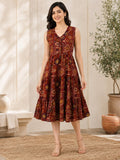 Brown Cotton Printed V-Neck One-Piece Dress
