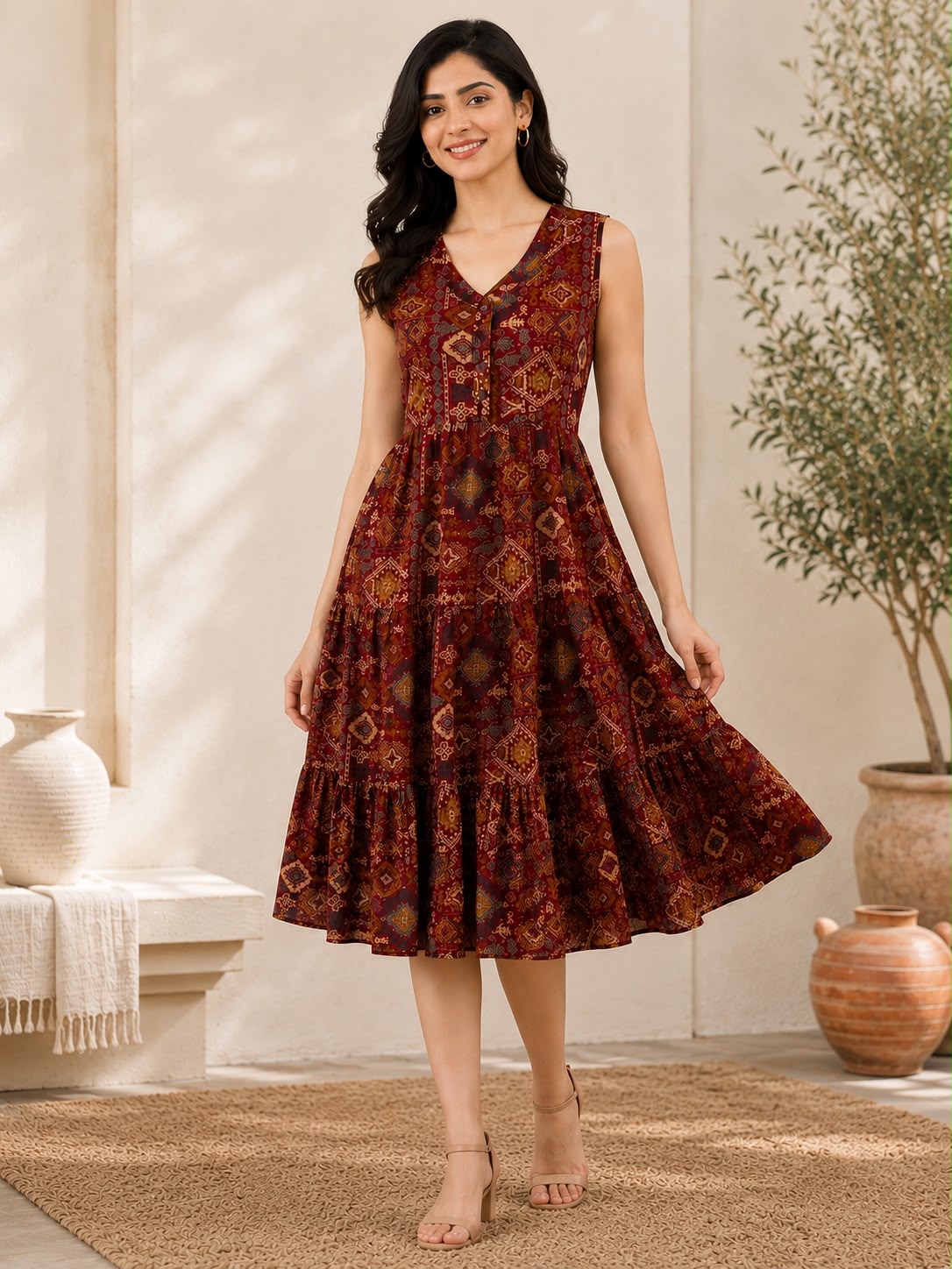 Brown Cotton Printed V-Neck One-Piece Dress
