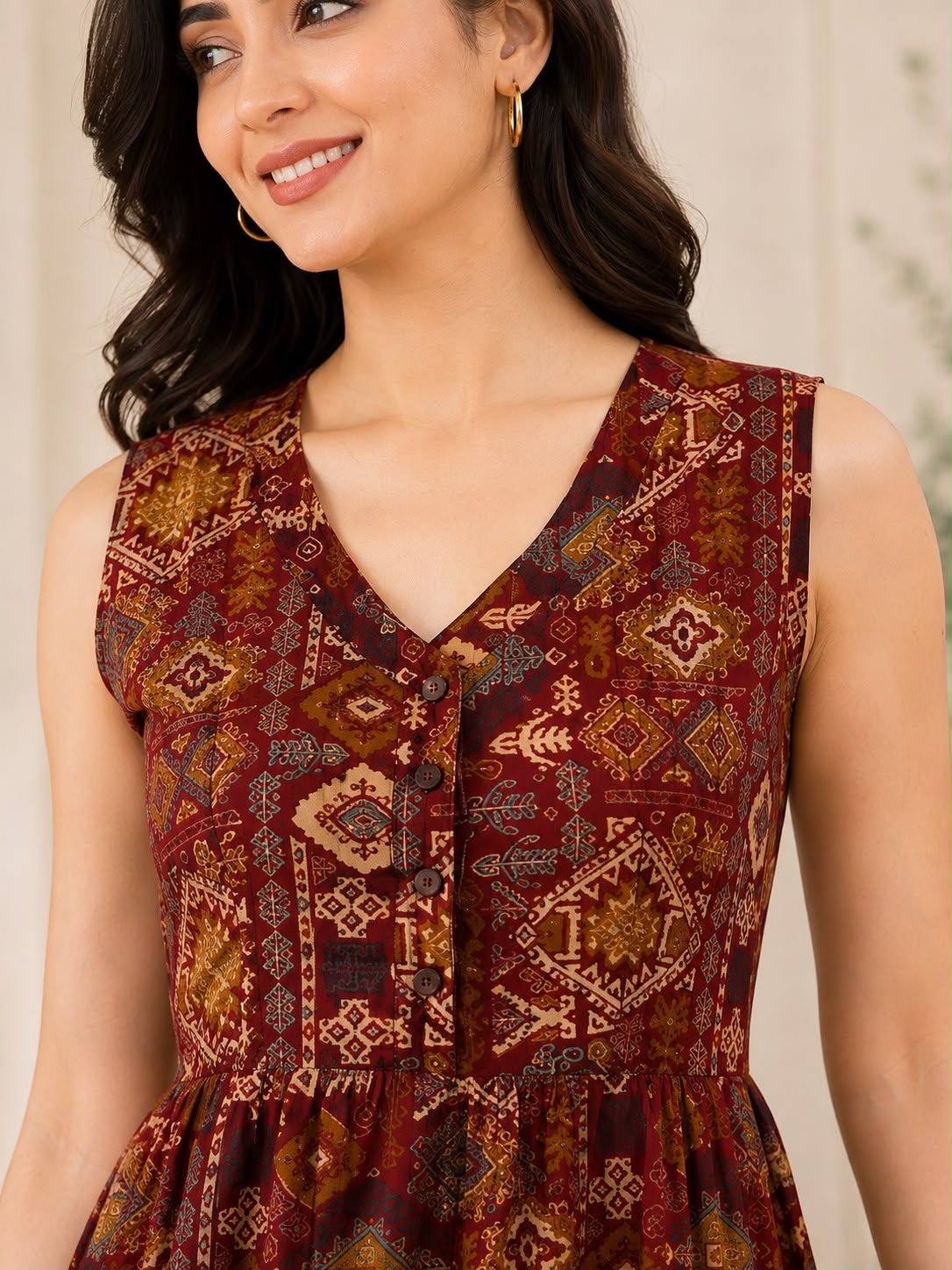 Brown Cotton Printed V-Neck One-Piece Dress