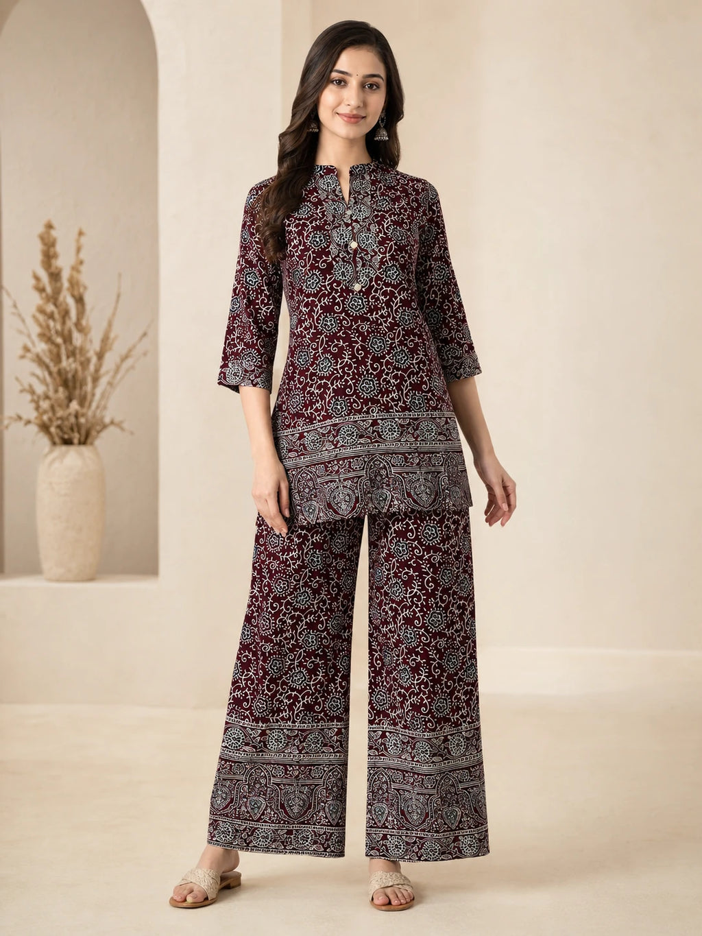 Brown &amp; Blue Floral Printed Rayon Short Co-ord Set