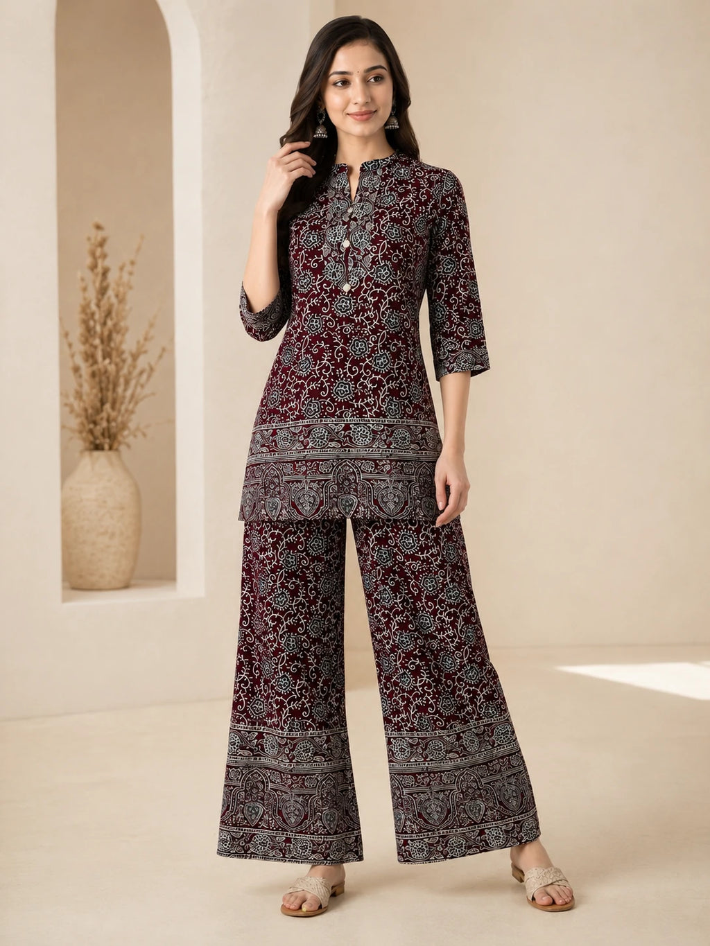 Brown &amp; Blue Floral Printed Rayon Short Co-ord Set