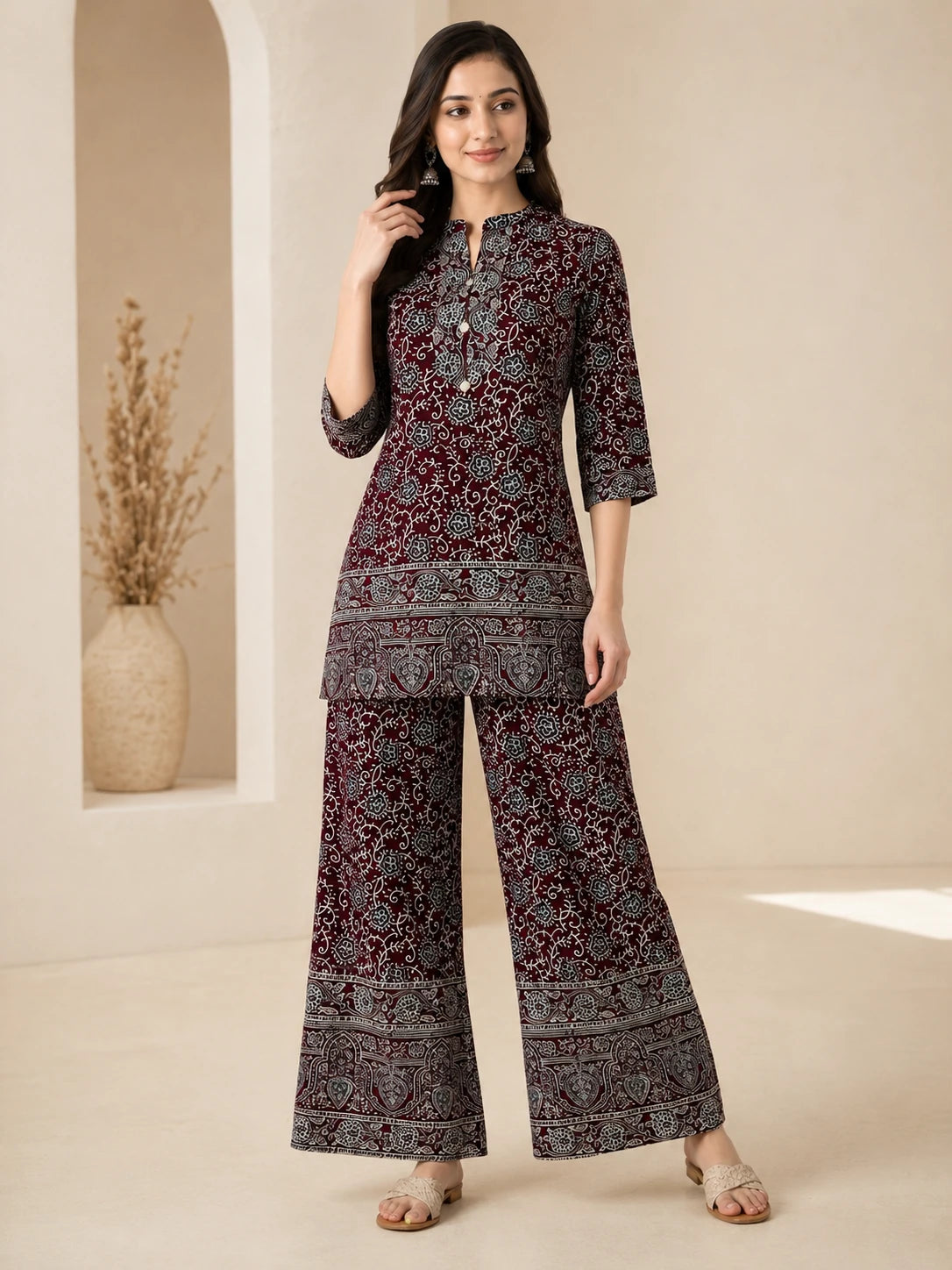 Brown &amp; Blue Floral Printed Rayon Short Co-ord Set