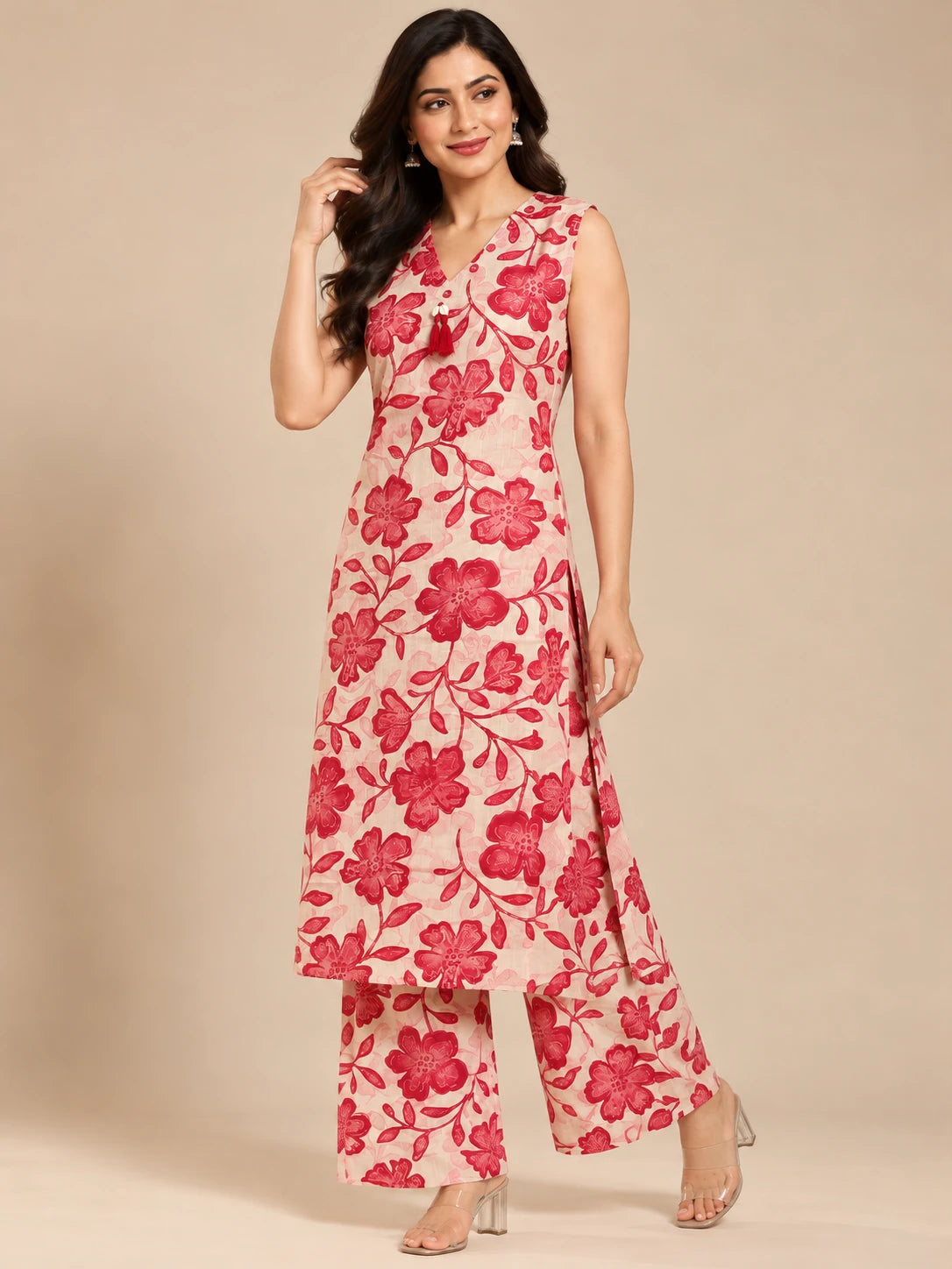 Baby Pink Floral Kurta Palazzo Set