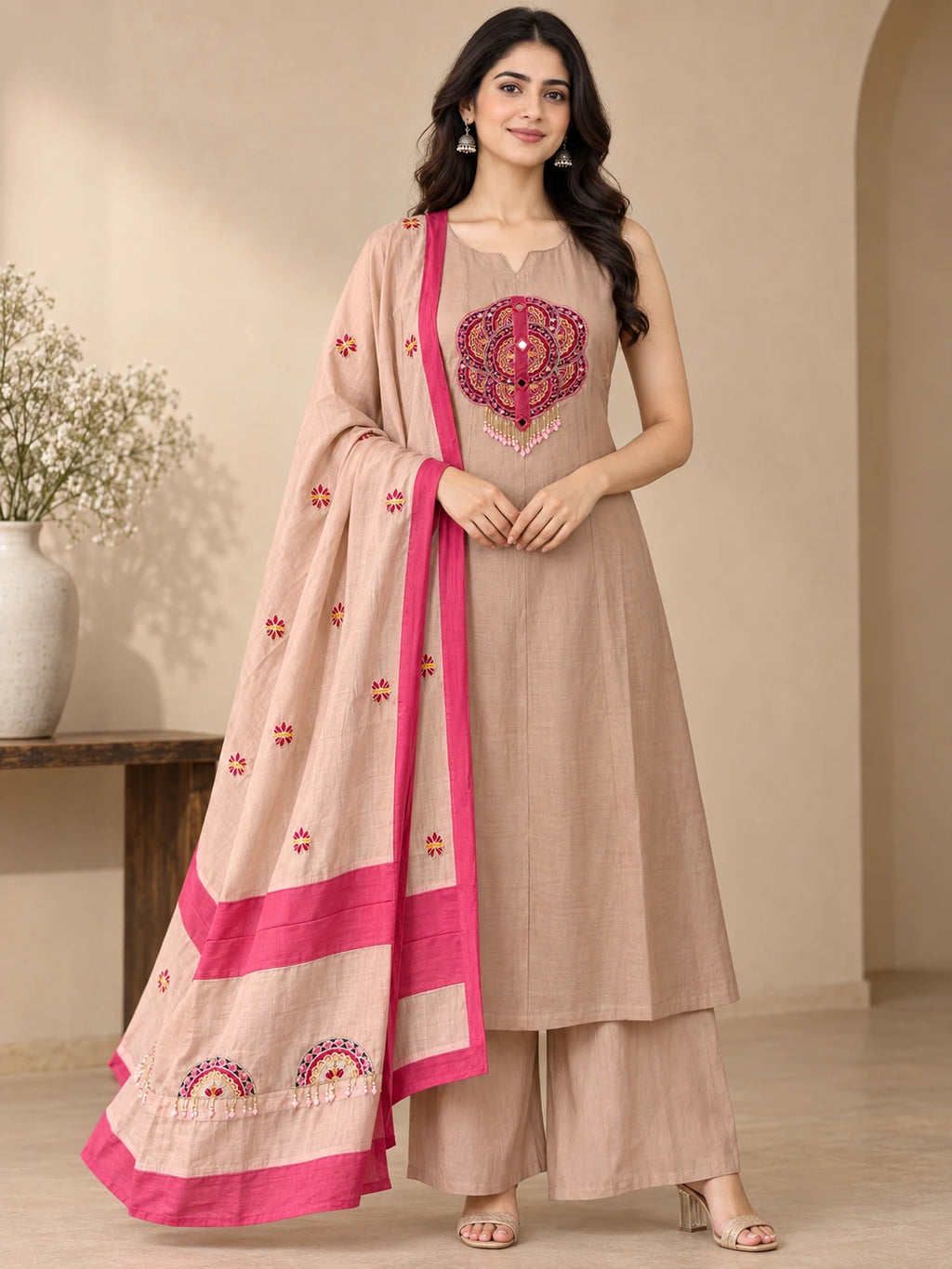Mull Chanderi Beige &amp; Pink Silk 3-Piece Set