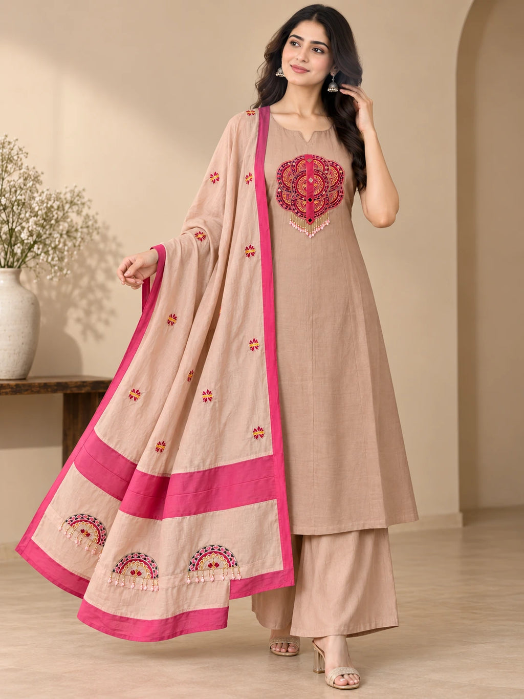 Mull Chanderi Beige &amp; Pink Silk 3-Piece Set