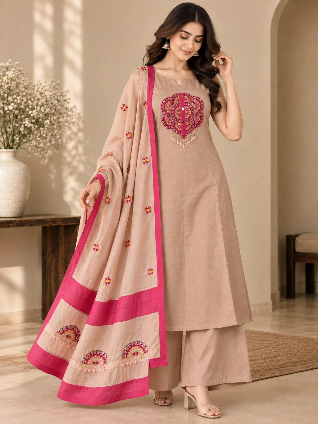 Mull Chanderi Beige &amp; Pink Silk 3-Piece Set