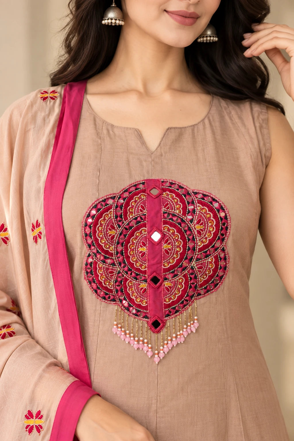 Mull Chanderi Beige &amp; Pink Silk 3-Piece Set