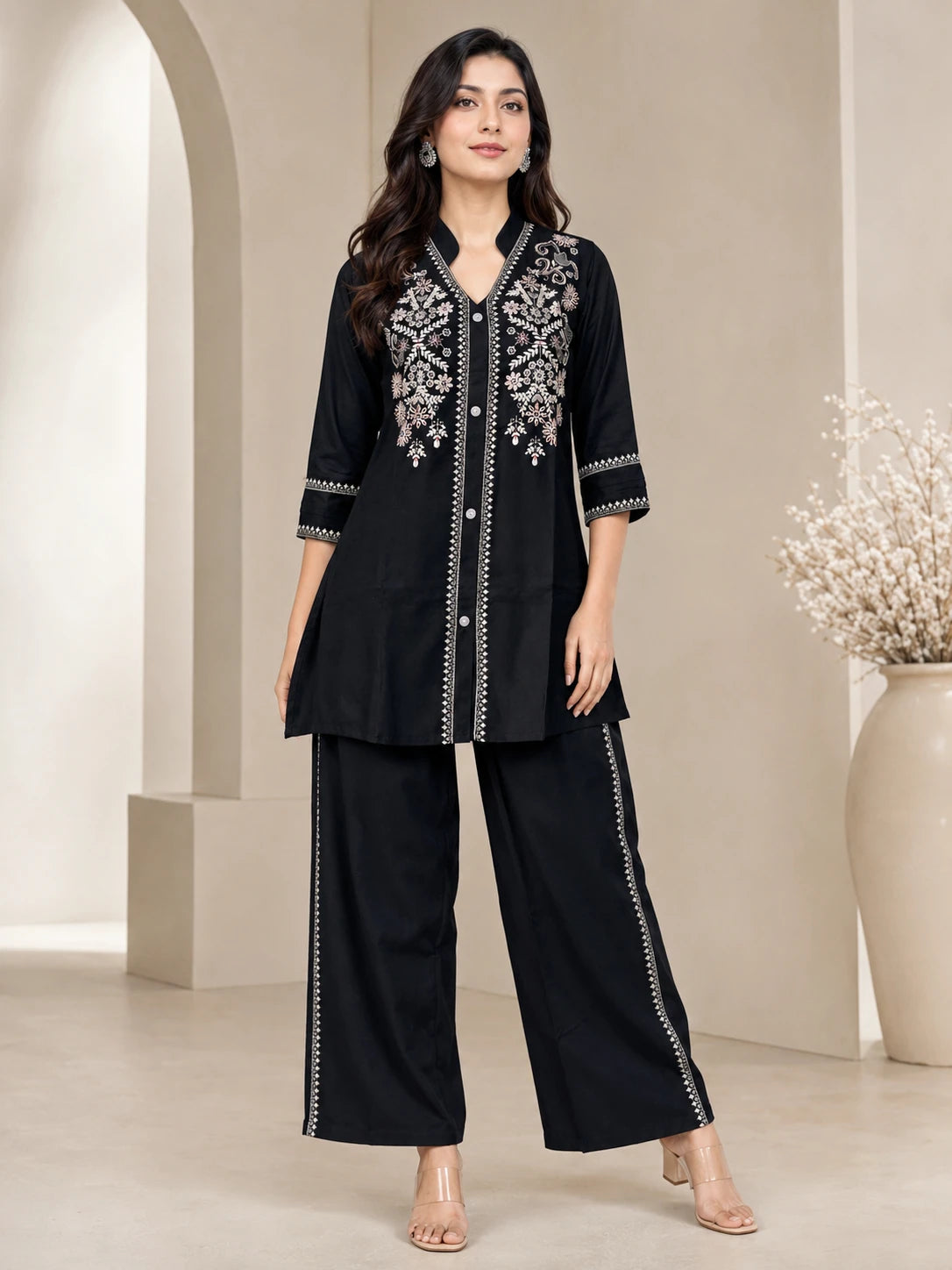 Black Heavy Sui Slub White Threadwork Short Co-ord Set