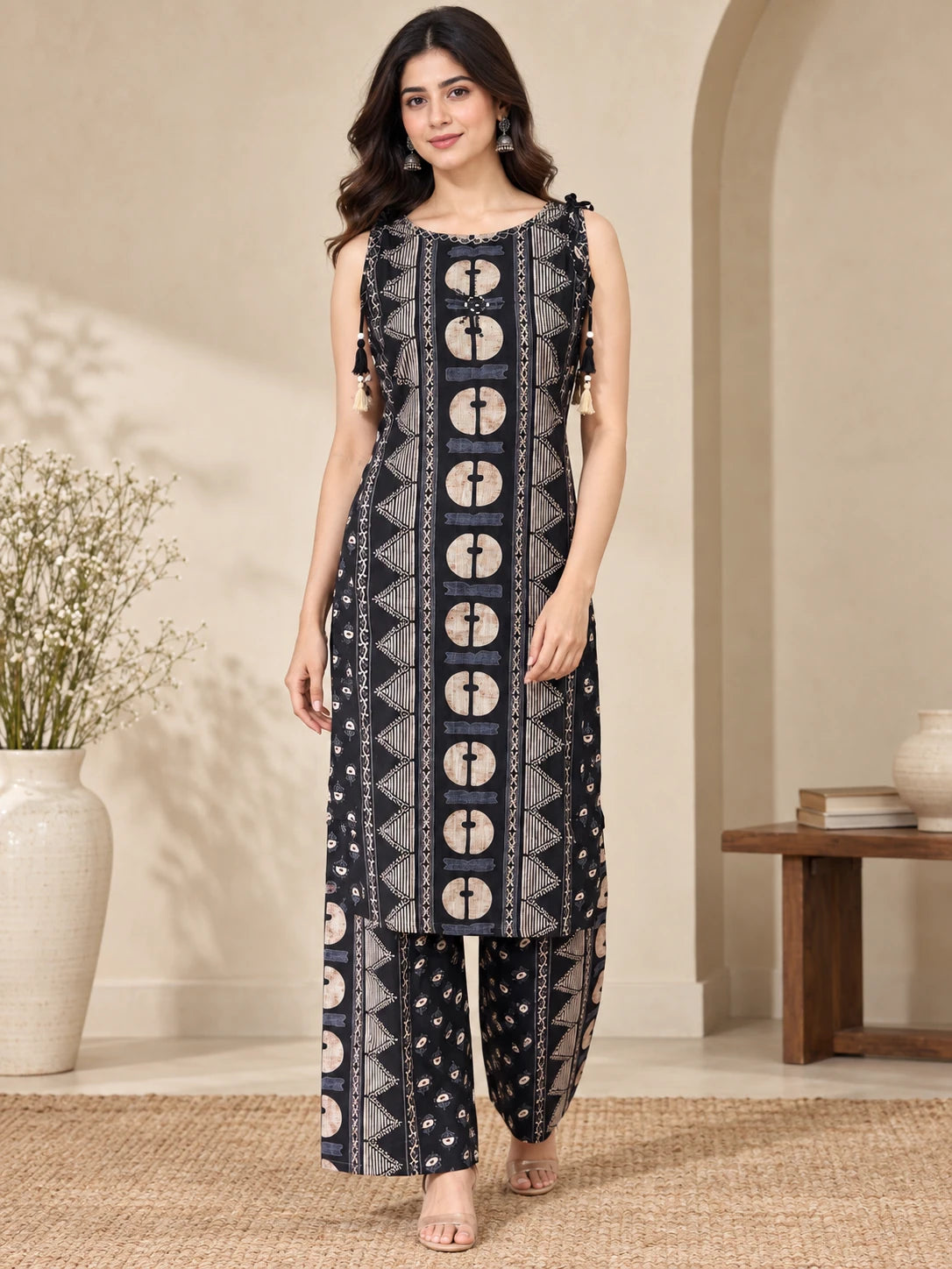 Black & Grey Boat Neck Kurta & Palazzo Set