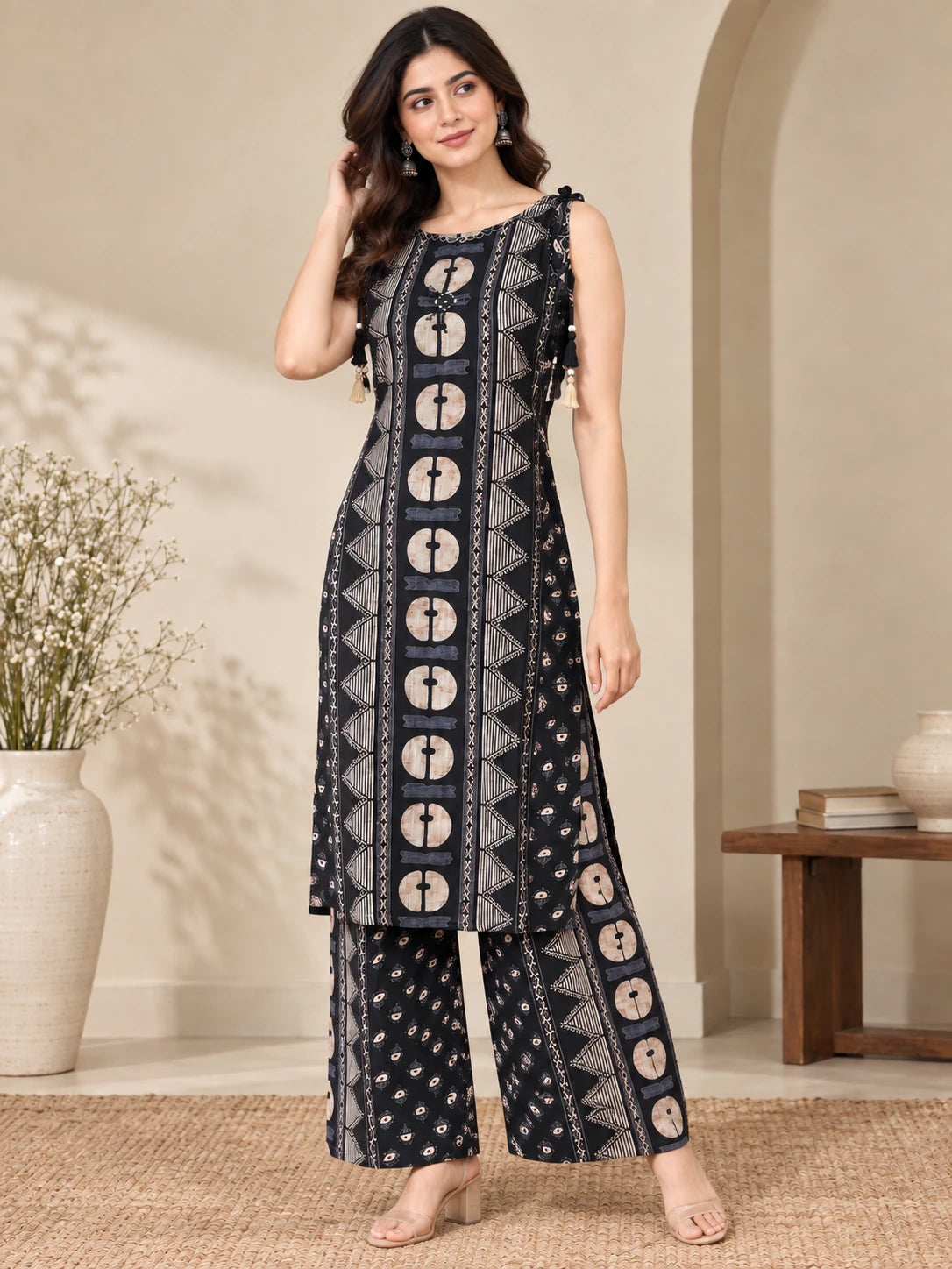 Black & Grey Boat Neck Kurta & Palazzo Set