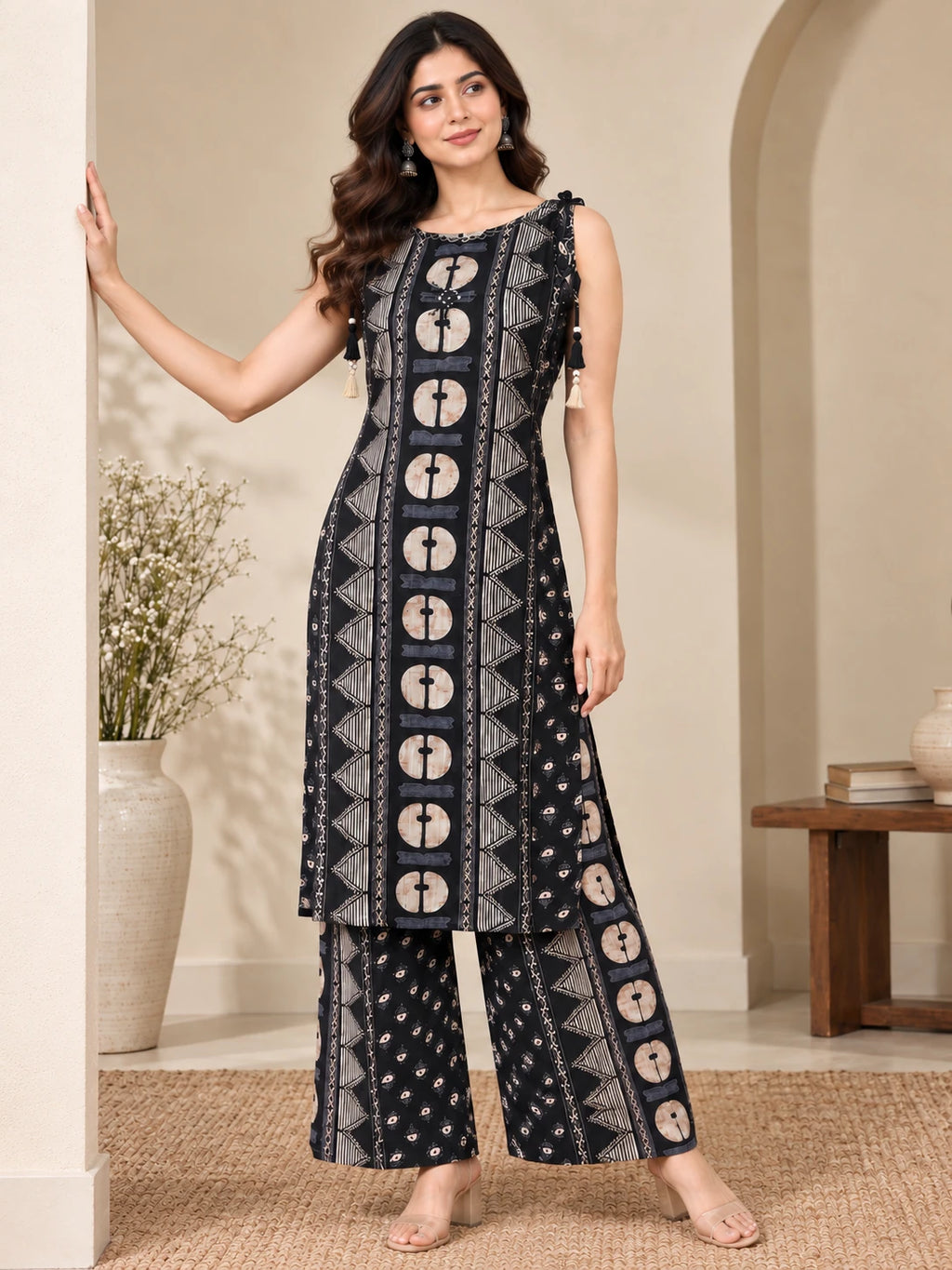 Black & Grey Boat Neck Kurta & Palazzo Set