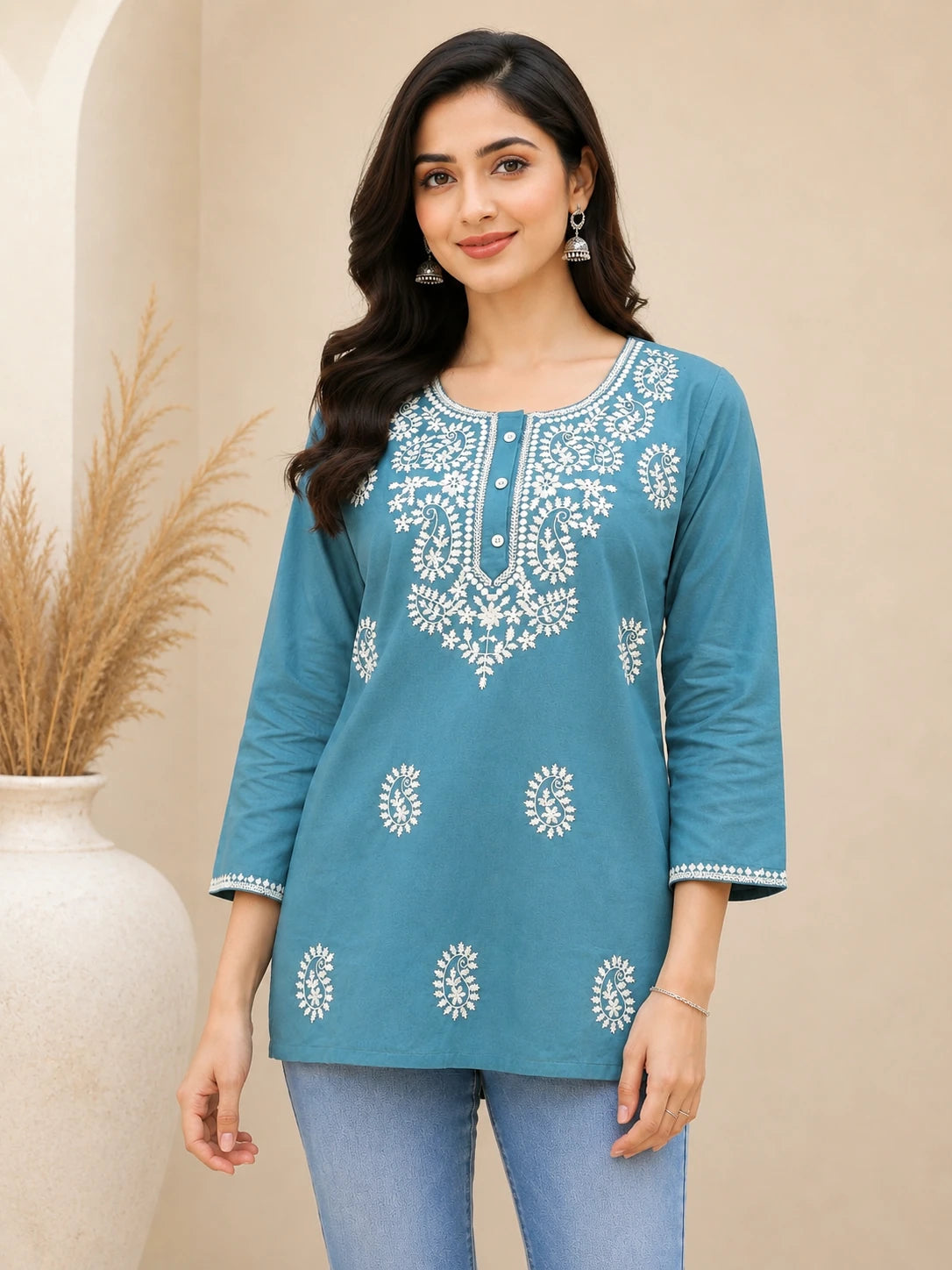 Blue Chikankari Embroidered Tunic Top