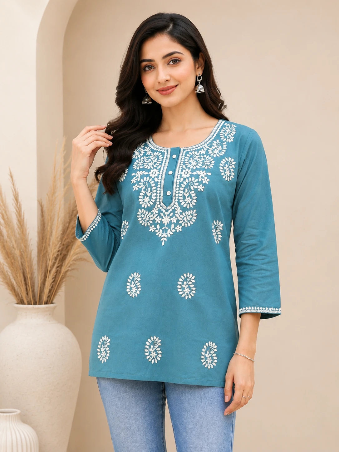 Blue Chikankari Embroidered Tunic Top
