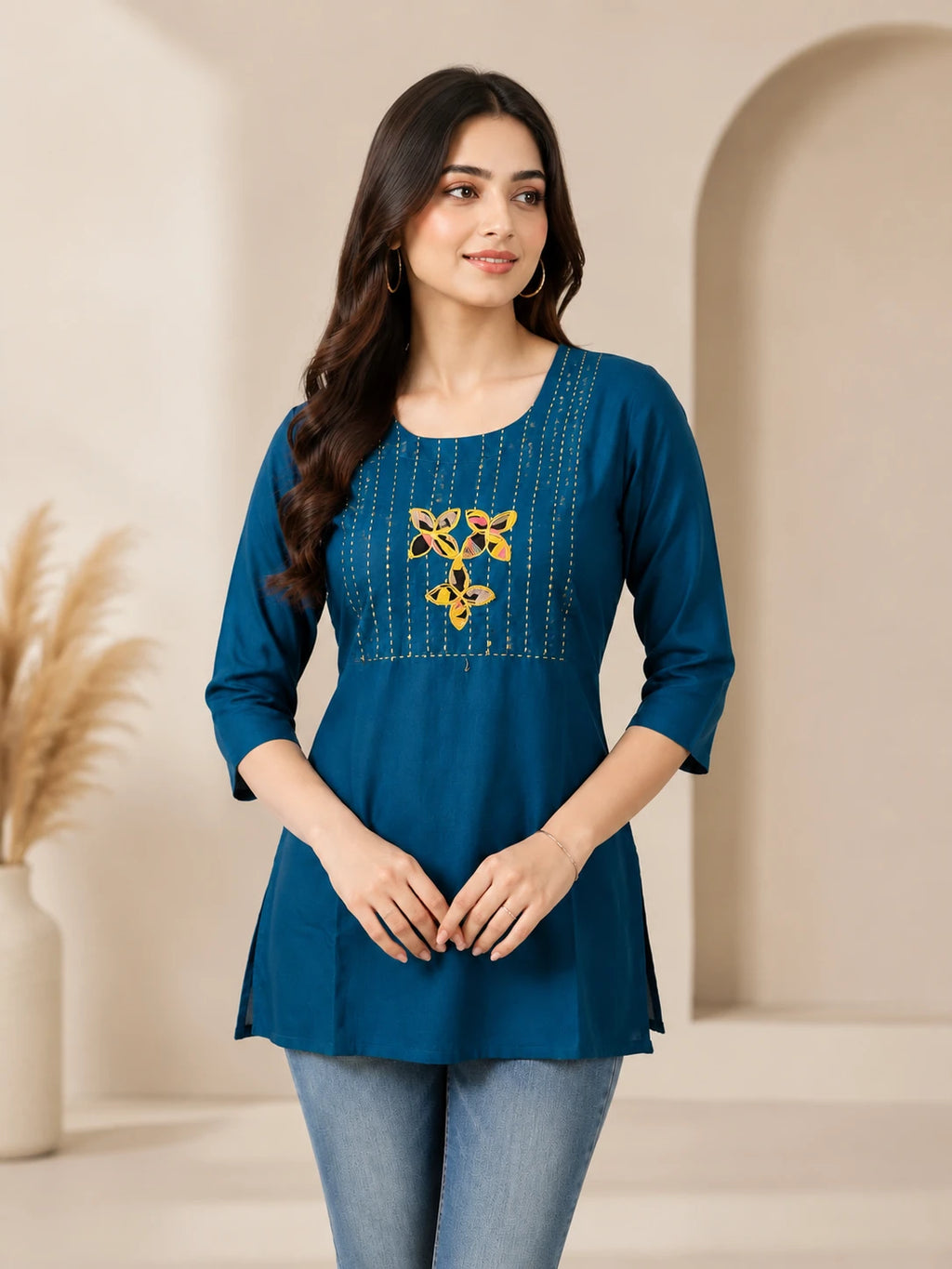 Blue Cotton Tunic with Katha work