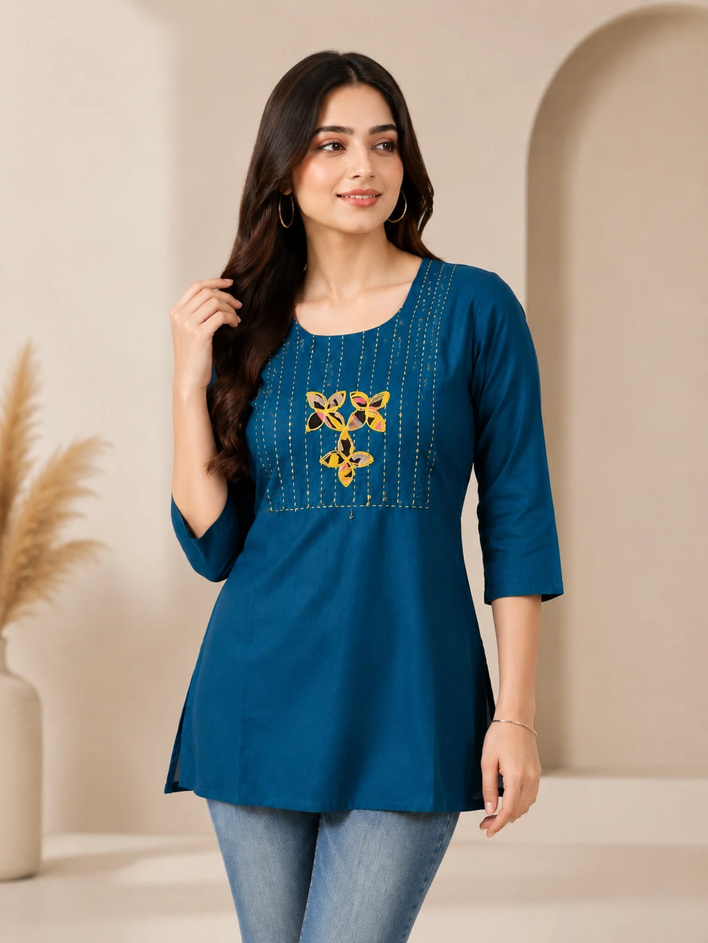 Blue Cotton Tunic with Katha work