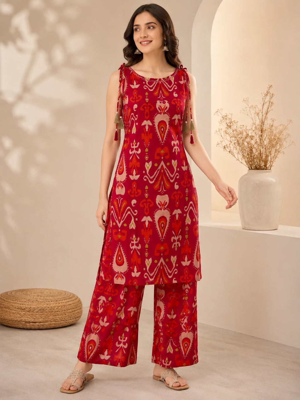 Red Ikat Printed Boat-Neck Co-ord Set