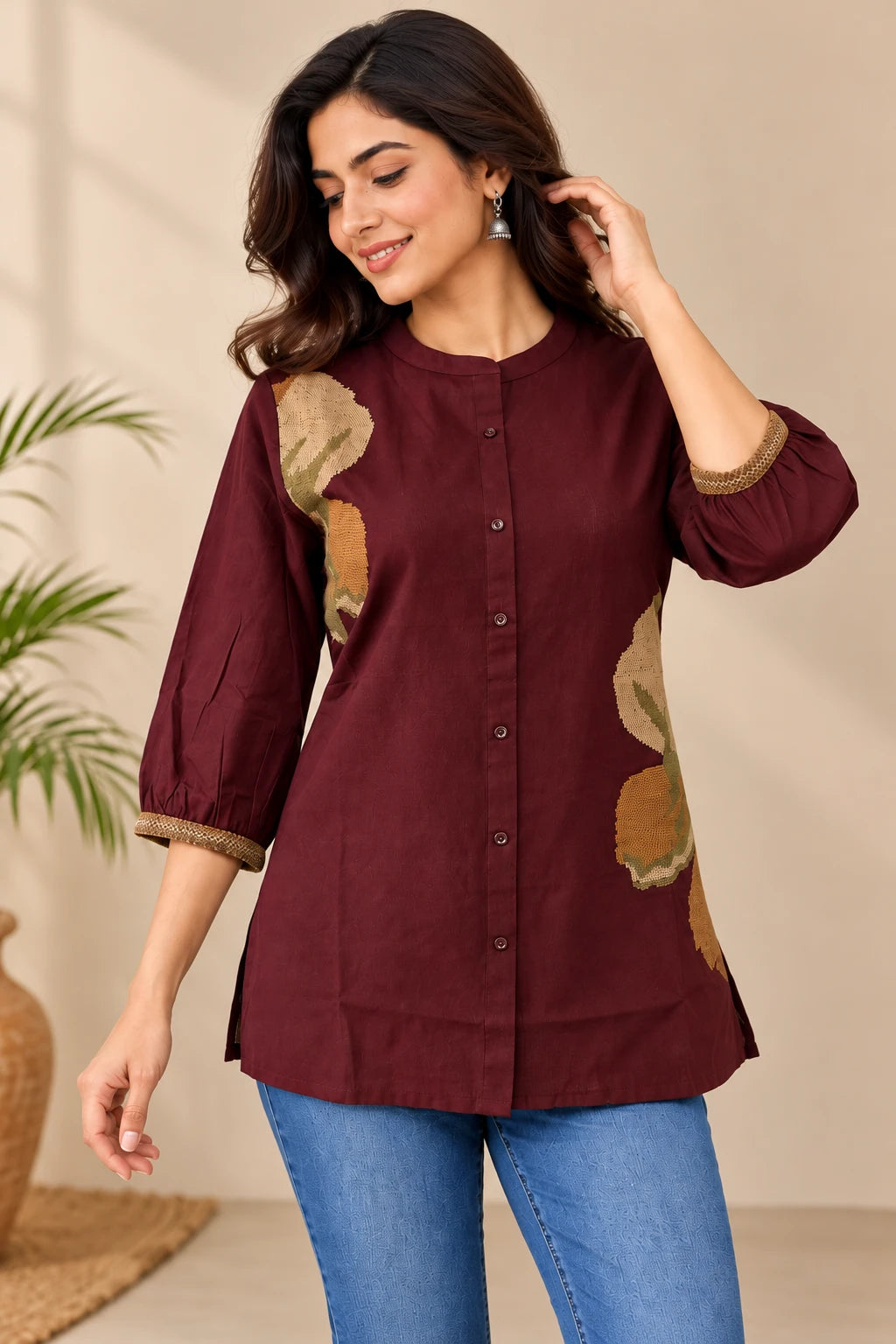 Brown Khadi Embroidered Short Tunic Top
