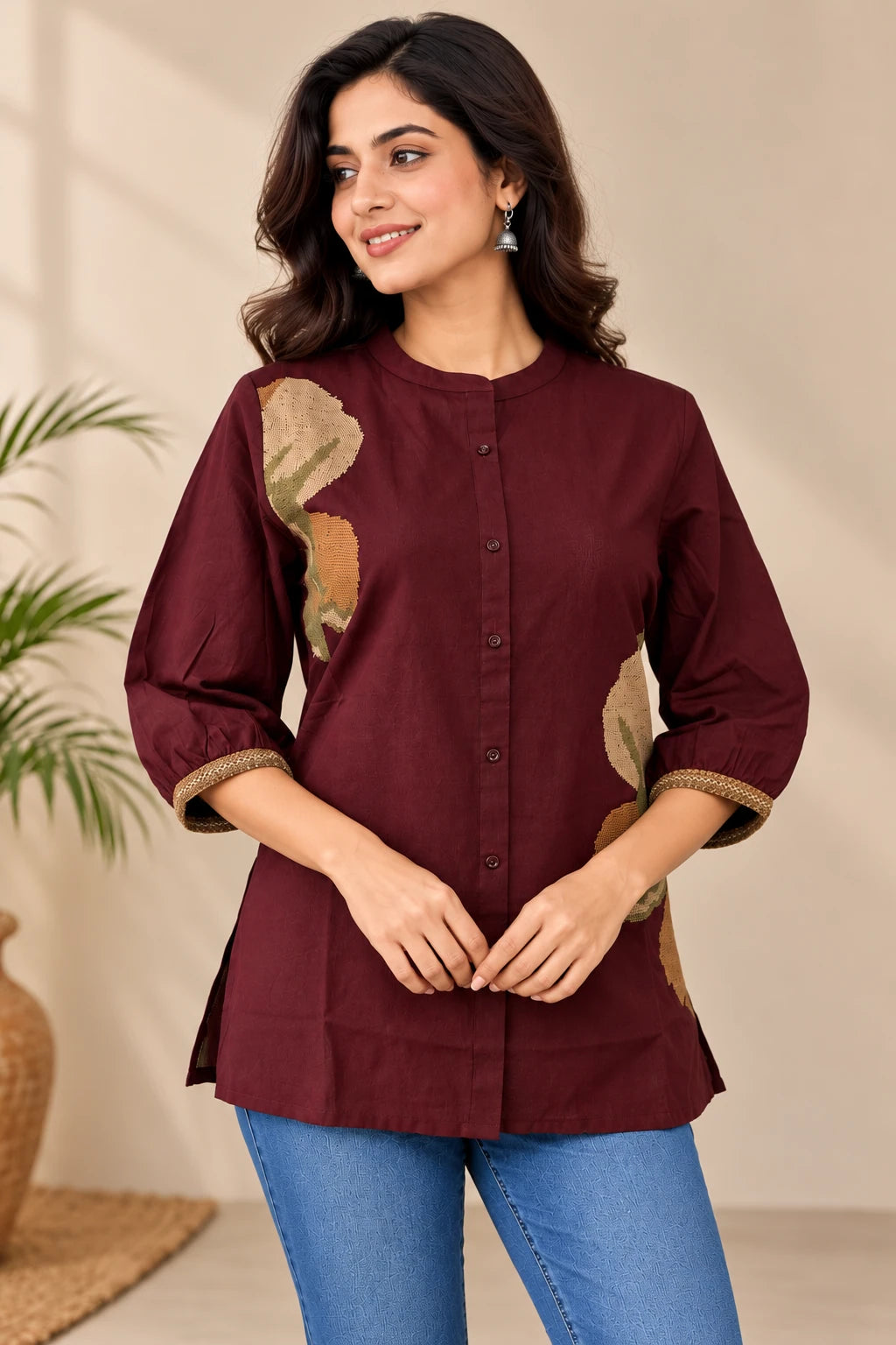 Brown Khadi Embroidered Short Tunic Top